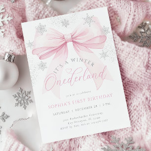 Pink Bow Winter First Birthday Invitation