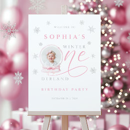 Pink Bow Winter First Birthday Welcome Sign