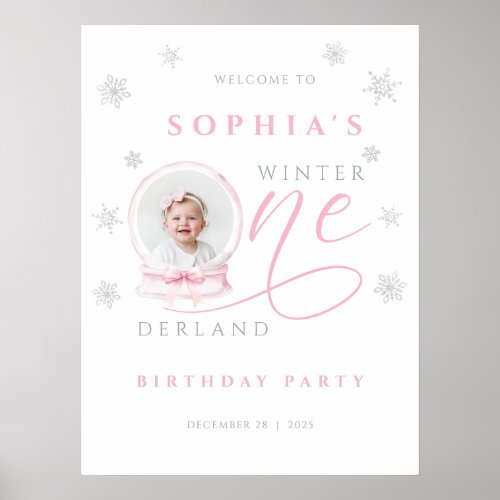 Pink Bow Winter First Birthday Welcome Sign