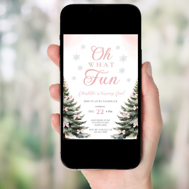 Pink Bow Winter Girl 1st Birthday Invitation (Front Digital)