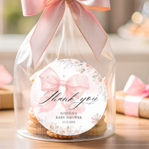 Pink Bow Winter Girl Baby Shower Thank You  Classic Round Sticker