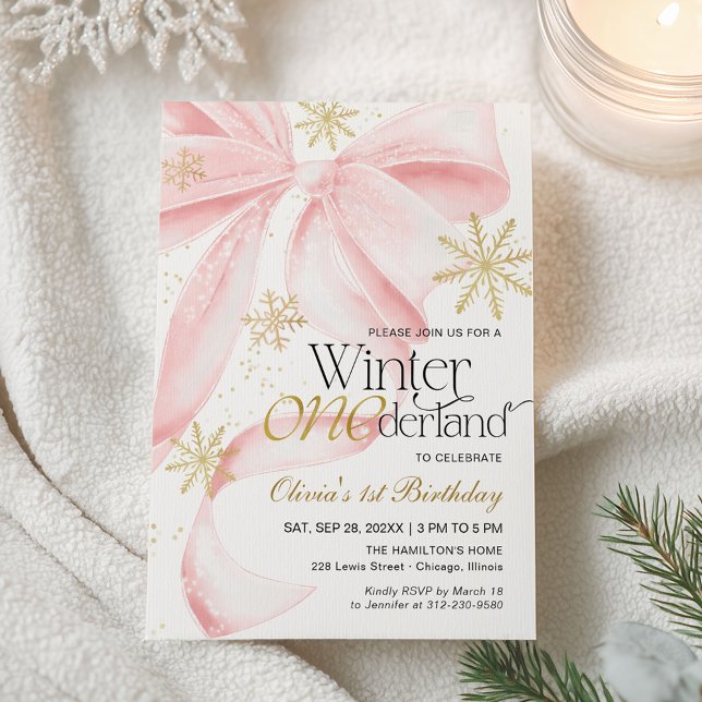 Pink Bow Winter Onederland 1st Birthday Invitation (Creator Uploaded)