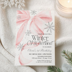 Pink Bow Winter Onederland 1st Birthday Invitation