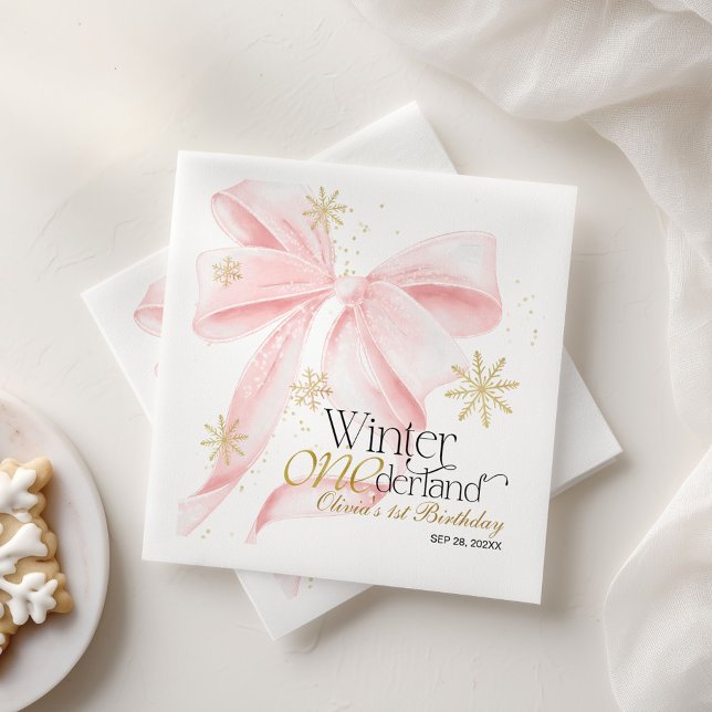 Pink Bow Winter Onederland 1st Birthday Napkins (Creator Uploaded)