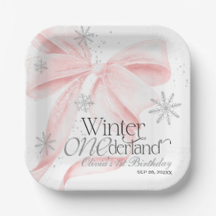 Pink Bow Winter Onederland 1st Birthday Paper Plates