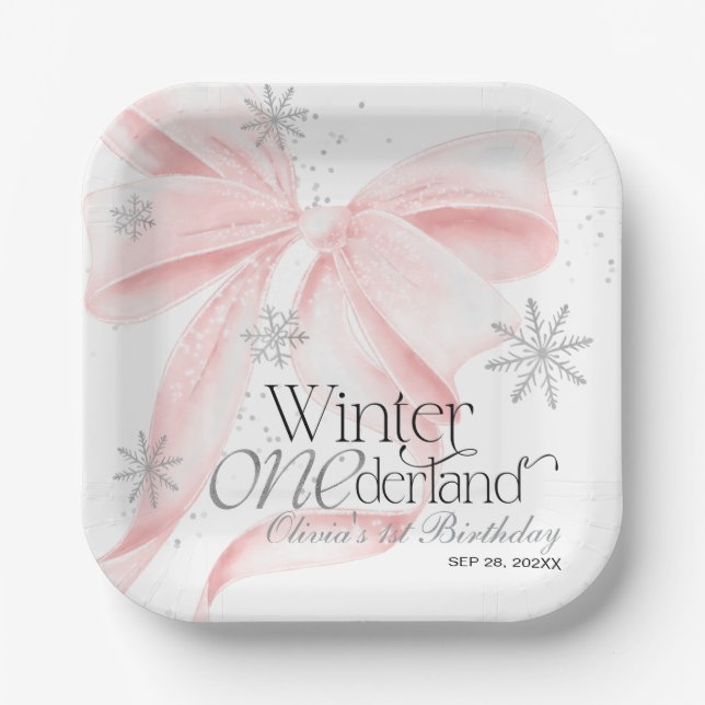 Pink Bow Winter Onederland 1st Birthday Paper Plates (Front)