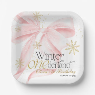 Pink Bow Winter Onederland 1st Birthday Paper Plates