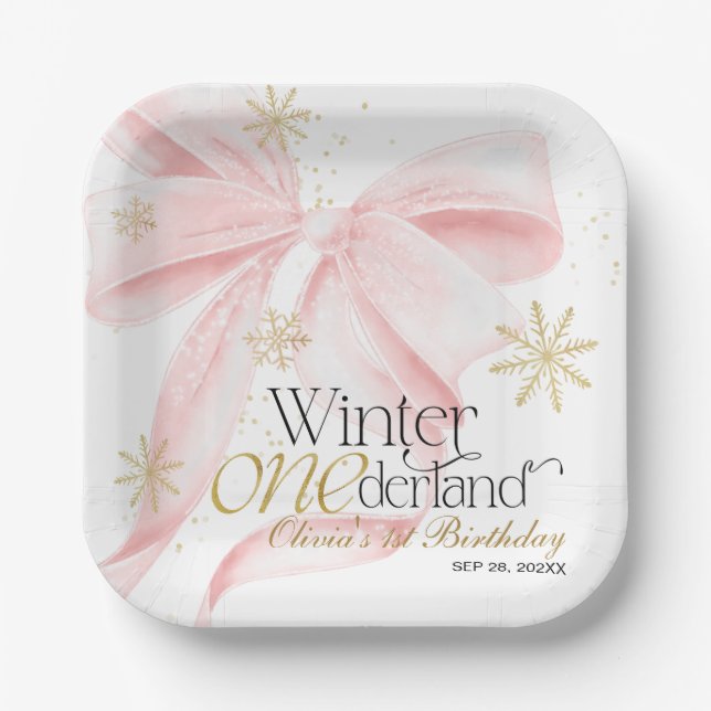 Pink Bow Winter Onederland 1st Birthday Paper Plates (Front)