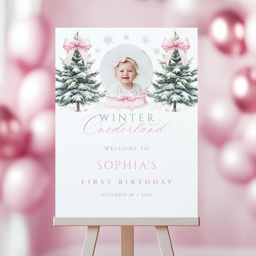 Pink Bow Winter Onederland Birthday Welcome Sign