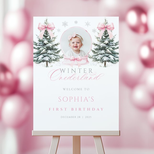 Pink Bow Winter Onederland Birthday Welcome Sign (Creator Uploaded)