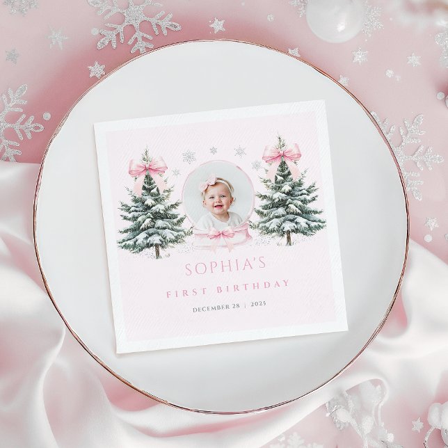 Pink Bow Winter Onederland First Birthday Napkins (Creator Uploaded)