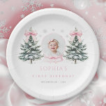 Pink Bow Winter Onederland First Birthday Paper Plates<br><div class="desc">elebrate in style with these personalized plates featuring your baby’s photo framed by snowy pine trees and pink bows. Perfect for a Winter Onederland themed first birthday.</div>