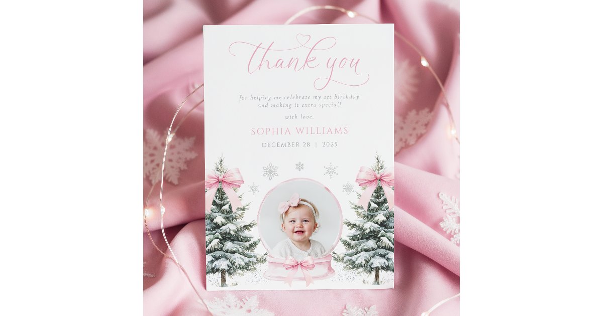 Pink Bow Winter Onederland First Birthday Thank You Card | Zazzle