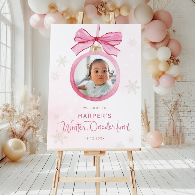 Pink Bow Winter Onederland First Birthday Welcome Foam Board (Creator Uploaded)