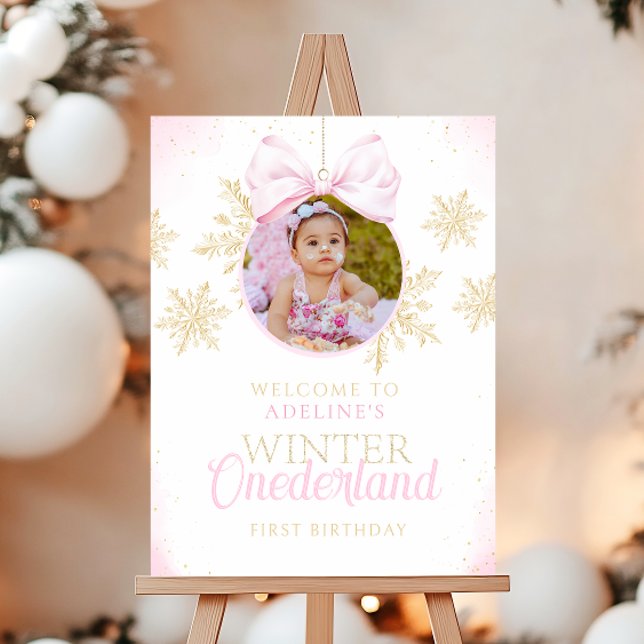 Pink Bow Winter Onederland Girl First Birthday Foam Board (Creator Uploaded)