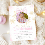 Pink Bow Winter Onederland Girl First Birthday Invitation<br><div class="desc">Invite friends and family to celebrate your little girl’s special day with this charming "Winter Onederland" birthday invitation. Featuring a whimsical winter wonderland scene with gold snowflakes and a delightful pink bow, this invitation is perfect for a winter birthday celebration. Personalize it with a photo of your child and custom...</div>