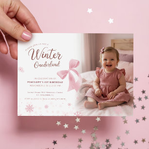 Pink Bow Winter Onederland Girl Photo 1st Birthday Invitation