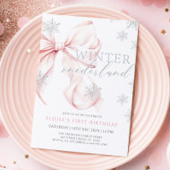 Pink Bow Winter Onederland Glitter 1st Birthday Invitation
