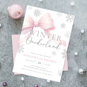 Pink Bow Winter Onederland Snowflake 1st Birthday Invitation