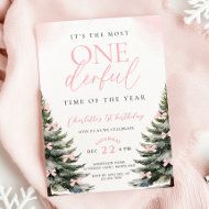 Pink Bow Winter Onerderland Girl 1st Birthday Invitation