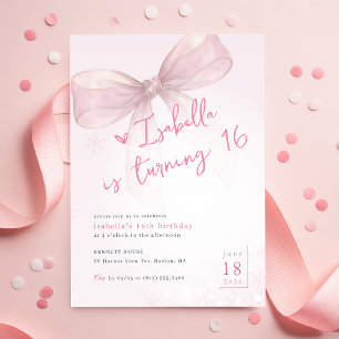 Pink Bow Winter Snowflake Girl 16th Birthday Invitation