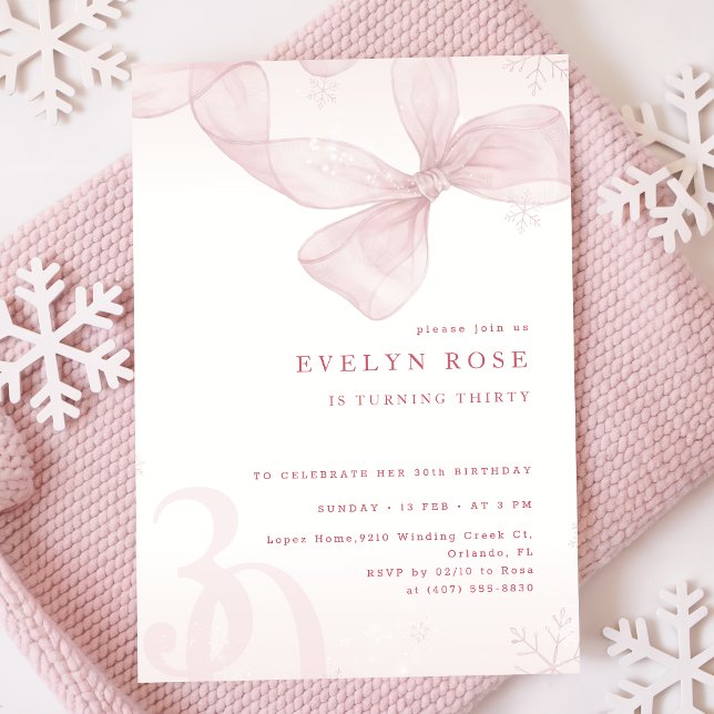 Pink Bow Winter Snowflake Girl 30th Birthday Invitation (Creator Uploaded)