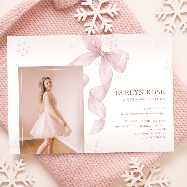 Pink Bow Winter Snowflake Photo 16th Birthday Invitation (Creator Uploaded)