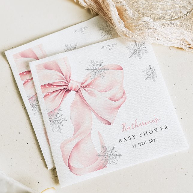 Pink Bow Winter Theme Snowflake Baby Shower Napkins (Creator Uploaded)