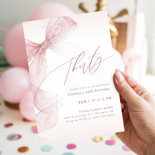 Pink Bow Winter Thirty Birthday Girl Party Invitation