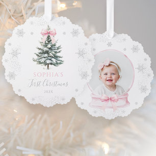 Pink Bow Winter Tree First Christmas Ornament Card