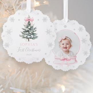 Pink Bow Winter Tree First Christmas Ornament Card