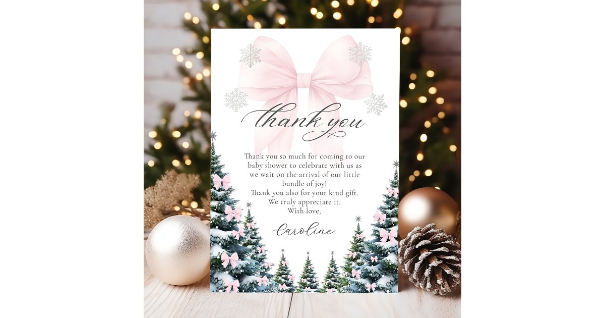 Pink Bow Winter Trees Baby Shower Thank You Card | Zazzle