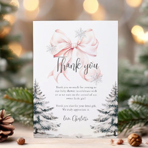 Pink Bow Winter Trees Baby Shower Thank You Card