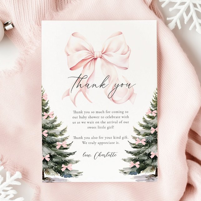 Pink Bow Winter Trees Baby Shower Thank You Card (Creator Uploaded)