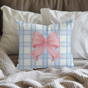 Pink Bow with Blue Plaid Throw Pillow