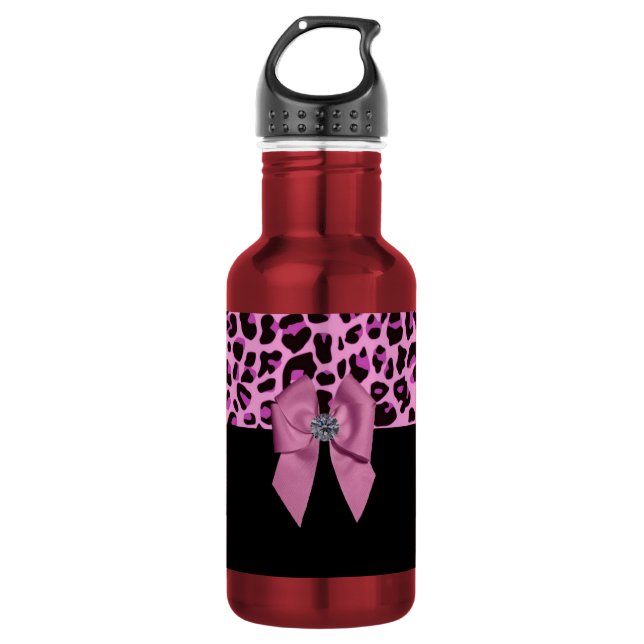 Pink Bow with Diamond in Leopard Print Water Bottle (Front)
