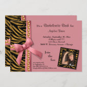 Pink Bow With Gold Pearls And Zebra Stripes Invitation (Front/Back)