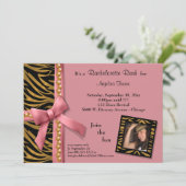 Pink Bow With Gold Pearls And Zebra Stripes Invitation (Standing Front)