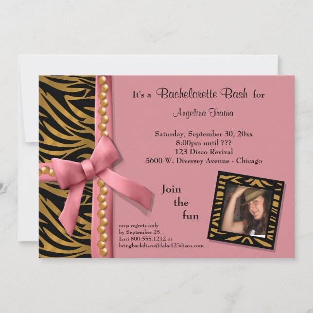 Pink Bow With Gold Pearls And Zebra Stripes Invitation (Front)