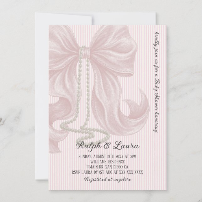 Pink Bow with Pearl Girl Baby Shower Invitation (Front)