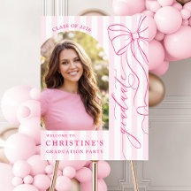 Pink Bow with Stripes Graduation Welcome Sign