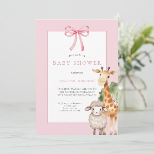 Pink Bow Woodland Animals Baby Shower Invitation