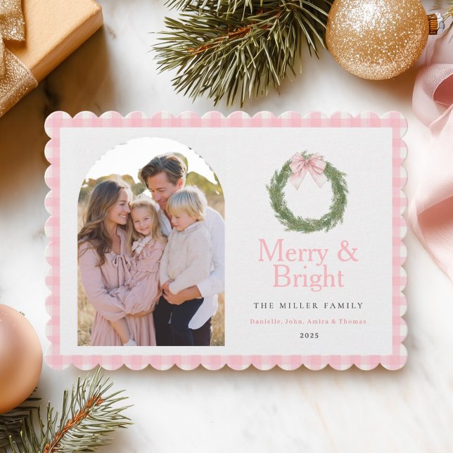 Pink Bow Wreath Christmas Holiday Card (Creator Uploaded)