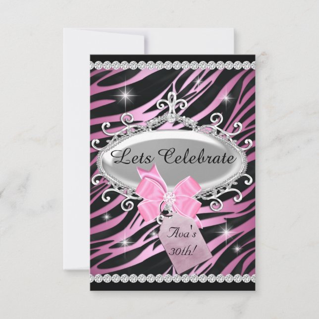 Pink Bow Zebra Print 30th Birthday Invitation (Front)