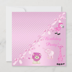 PINK BOW ZOO ANIMALS BIRTHDAY PARTY INVITATION