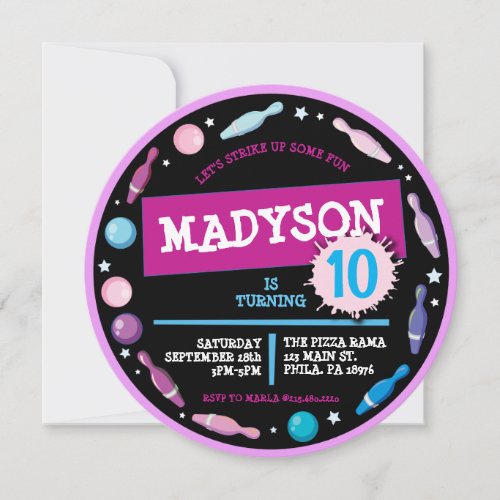 PINK BOWLING BALL NEON Birthday Party Invitation