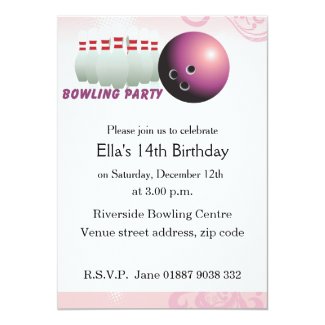 Pink Bowling Birthday Party Invitation 5" X 7" Invitation Card