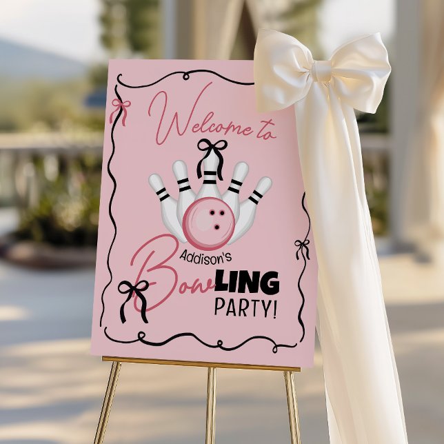 Pink BOWling Bows Girl Birthday Party Welcome Sign (Funny BOWling pink and black coquette bows hand drawn custom girl kids birthday party welcome sign)
