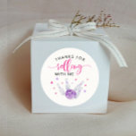 Pink Bowling Kids Birthday Party Favor Classic Round Sticker<br><div class="desc">Cute bowling theme girl's birthday party favor sticker featuring watercolor illustration of a bowling ball hitting some pins with pink and purple stars around. The text says "thanks for rolling with me."</div>