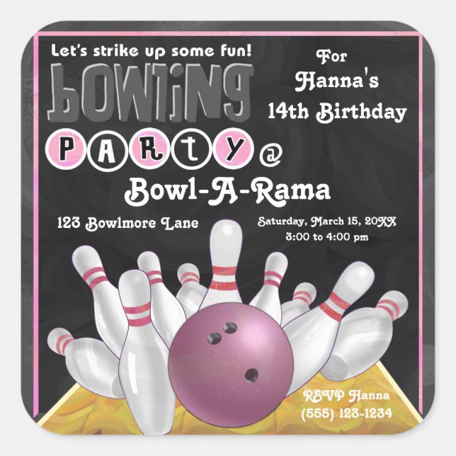 Pink Bowling Party Invite Sticker (Front)